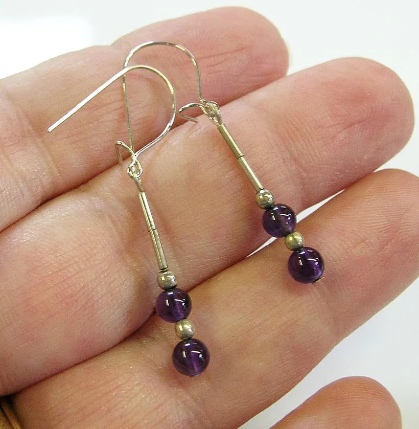 Amethyst Beads Sterling Heishi Dangle Earrings - February Birthstone
