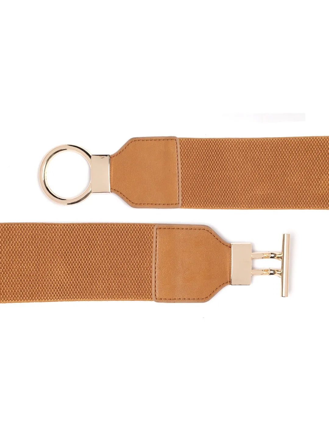 Berrylush Women Tan Brown Elastic Strap Double Pin Hook Belt