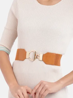 Berrylush Women Tan Brown Elastic Strap Double Pin Hook Belt