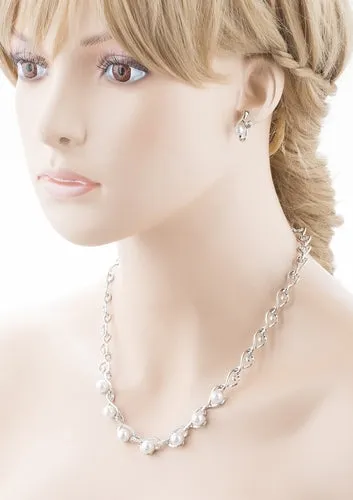 Bridal Wedding Jewelry Crystal Rhinestone Elegant Pearl Necklace Set J718 Silver