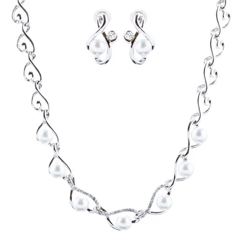 Bridal Wedding Jewelry Crystal Rhinestone Elegant Pearl Necklace Set J718 Silver