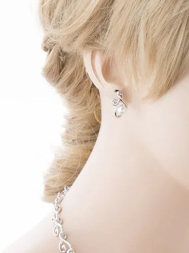 Bridal Wedding Jewelry Crystal Rhinestone Elegant Pearl Necklace Set J718 Silver
