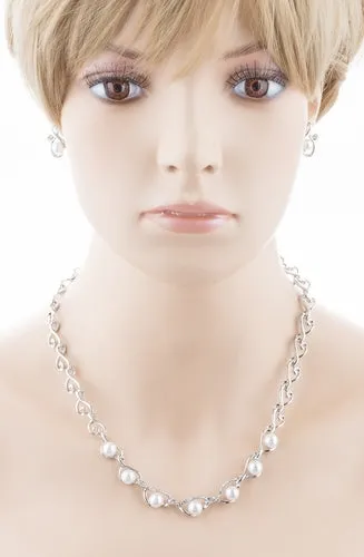 Bridal Wedding Jewelry Crystal Rhinestone Elegant Pearl Necklace Set J718 Silver