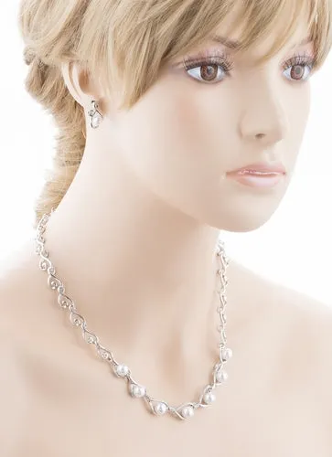 Bridal Wedding Jewelry Crystal Rhinestone Elegant Pearl Necklace Set J718 Silver
