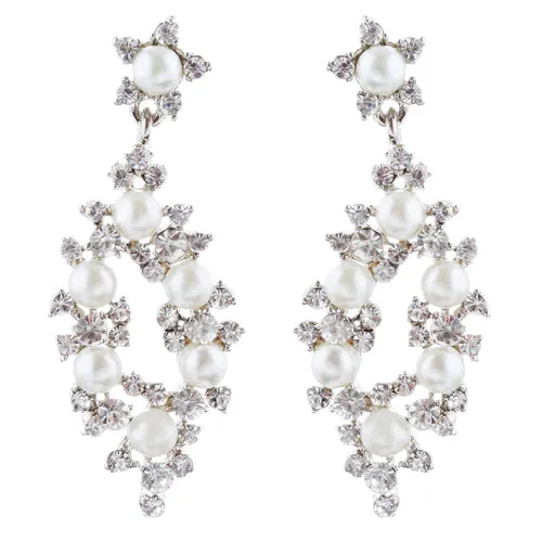 Bridal Wedding Jewelry Crystal Rhinestone Pearl Elegant Dangle Earrings Silver