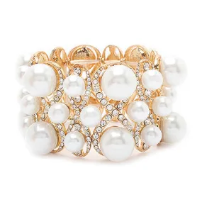 Bridal Wedding Jewelry Multi Shape Pearl Crystal Stretch Fashion Bracelet Gold