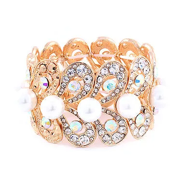 Bridal Wedding Jewelry Stunning Beautiful Crystal Pearl Stretch Bracelet Gold