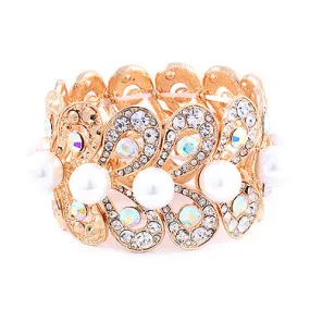 Bridal Wedding Jewelry Stunning Beautiful Crystal Pearl Stretch Bracelet Gold