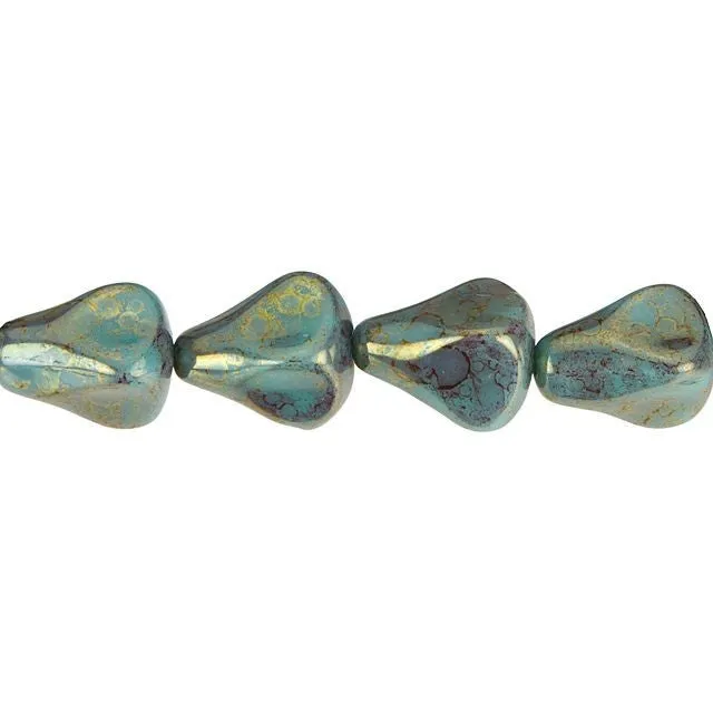 Czech Glass 12 x 10mm Turquoise with Gold/Purple Marbled Finish Old Style Drop Bead Strand by Raven's Journey