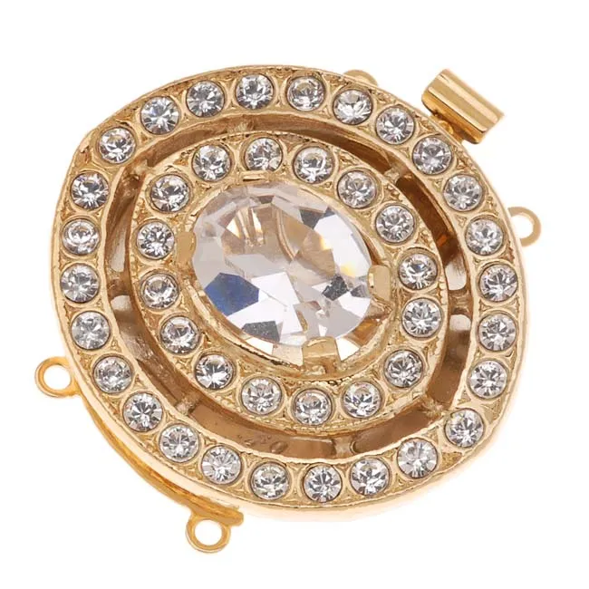 Filigree Box Clasps, 2 Strand Terraced Oval with Crystals 27x26.5mm, 23K Gold Plated (1 Piece)