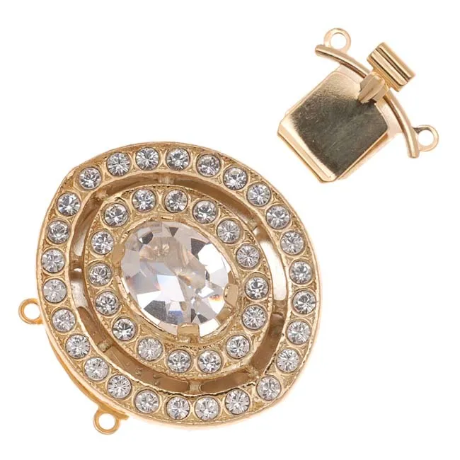 Filigree Box Clasps, 2 Strand Terraced Oval with Crystals 27x26.5mm, 23K Gold Plated (1 Piece)