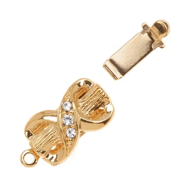 Filigree Box Clasps, Bow Design with 3 Crystals 17x8mm, 23K Gold Plated (1 Piece)