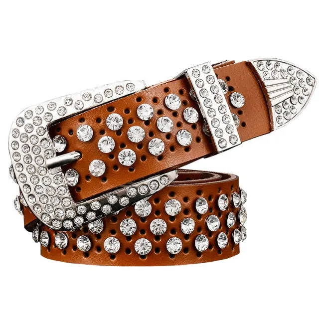 Rhinestone Genuine Leather Belts Pin Buckle Belt Woman Metal Pin Belt
