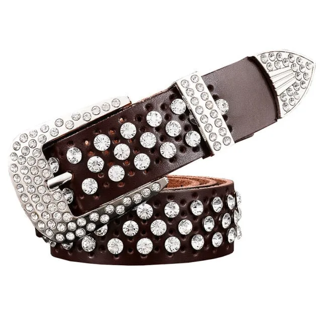Rhinestone Genuine Leather Belts Pin Buckle Belt Woman Metal Pin Belt