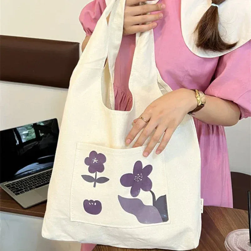 UAKISS  - 2024 Canvas Women Sweet Flower Print Tote Bags Korean Vintage Trendy Chic Handbag High-capacity Casual Y2k Shoulder Underarm Bag