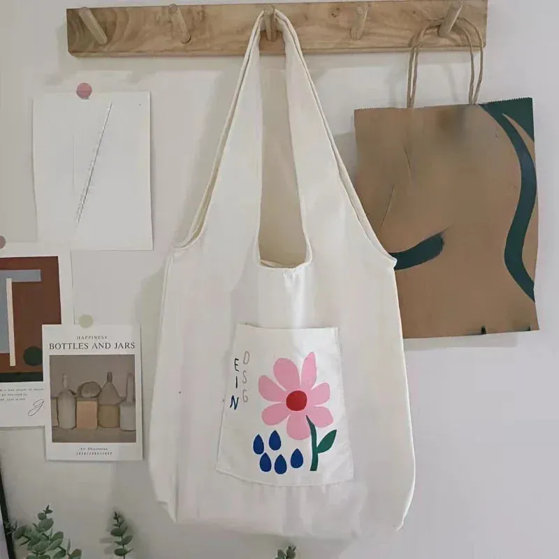 UAKISS  - 2024 Canvas Women Sweet Flower Print Tote Bags Korean Vintage Trendy Chic Handbag High-capacity Casual Y2k Shoulder Underarm Bag
