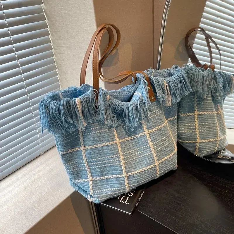 UAKISS  -  High-class Sense Large Capacity Commuting Tassel Tote Bag Women 2024 New Trendy Canvas Bag Hand-held Shoulder Bags