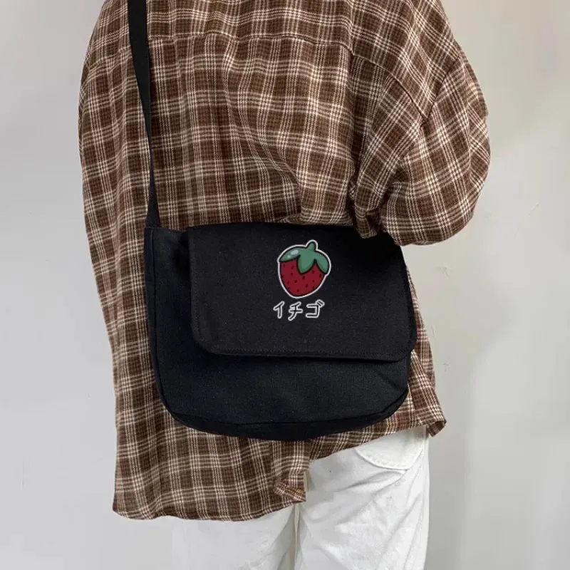 UAKISS  -  Sweet Strawberry Print Crossbody Bags Casual New Ins Trendy Y2k Aesthetic Canvas Bag Vintage Korean Shoulder  Handbags Women