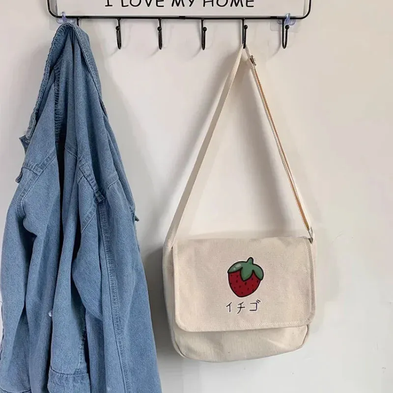 UAKISS  -  Sweet Strawberry Print Crossbody Bags Casual New Ins Trendy Y2k Aesthetic Canvas Bag Vintage Korean Shoulder  Handbags Women