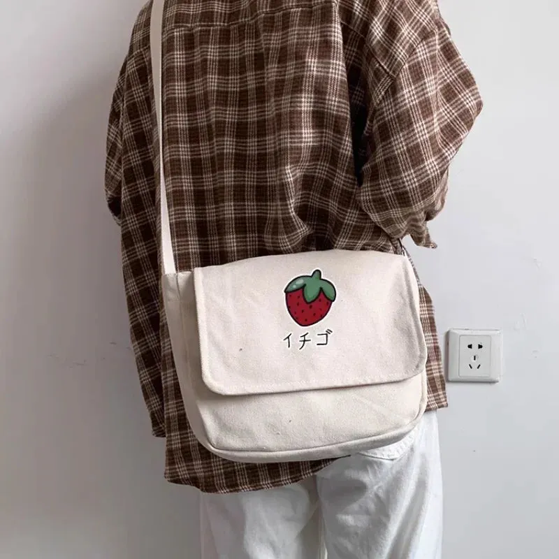UAKISS  -  Sweet Strawberry Print Crossbody Bags Casual New Ins Trendy Y2k Aesthetic Canvas Bag Vintage Korean Shoulder  Handbags Women