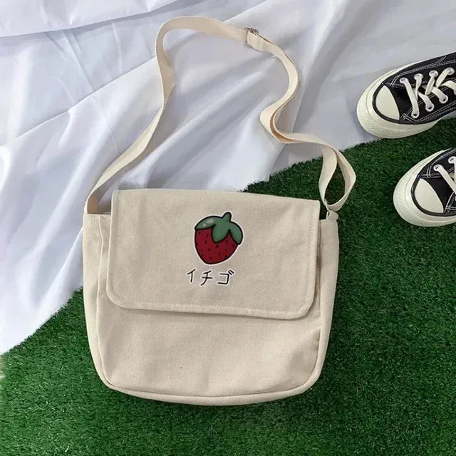 UAKISS  -  Sweet Strawberry Print Crossbody Bags Casual New Ins Trendy Y2k Aesthetic Canvas Bag Vintage Korean Shoulder  Handbags Women