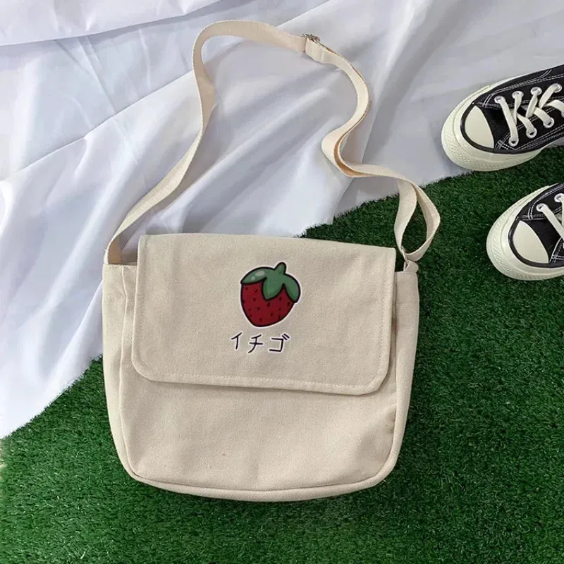 UAKISS  -  Sweet Strawberry Print Crossbody Bags Casual New Ins Trendy Y2k Aesthetic Canvas Bag Vintage Korean Shoulder  Handbags Women